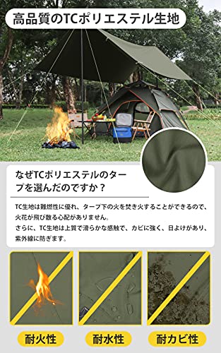 GODEARU タープ レクタタープ TCポリコットン 3mx3.85m 焚き火可 テントタープ キャンプ 日よけ アウトドアサンシェード 耐火性/  耐カビ性/遮熱性/耐水性 ファイアプレイス 収納袋付き (グリーン)