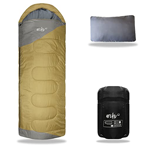 【archi】 寝袋 枕付き シュラフ 高機能 210T 封筒型 コンパクト収納 最低使用温度-15℃ (コヨーテ)