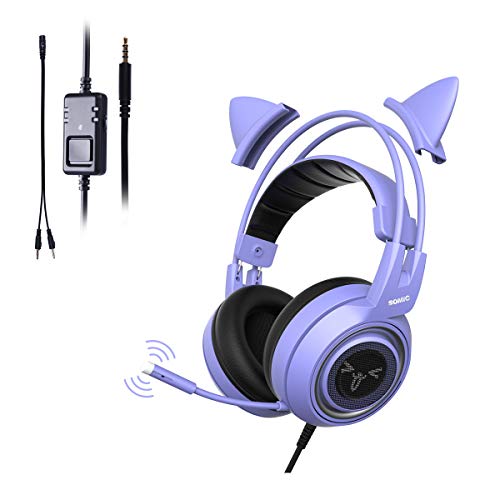 SOMIC ゲーミングヘッドセット 猫耳ヘッドホン 3Dサラウンドゲーミングヘッドホン 3.5ｍｍ マイク付き 有線 ステレオ 軽量 在宅勤務 (紫)