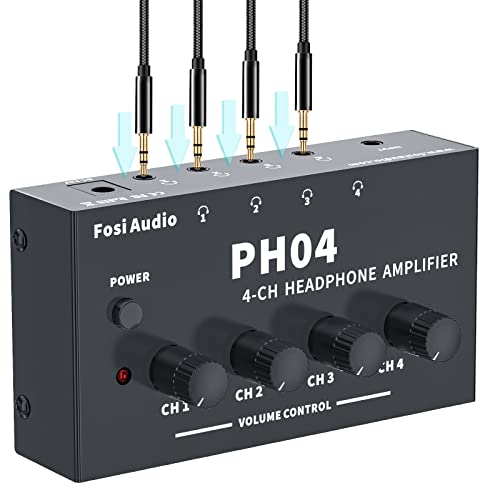 Fosi Audio PH04 4チャンネルヘッドホンアンプ メタルステレオオーディオアンプ 12V 1.5A電源アダプター付き 超コンパクトポータブルヘッドフォンスプリッター スタジオとステージ用