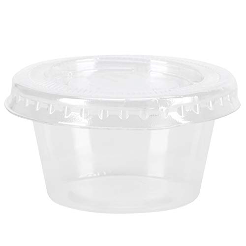 ソースカップ、100個使い捨てソースパッケージボックス透明ラウンド調味料カップ蓋付き2オンス