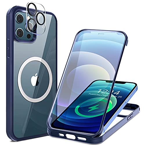 HAUTRKBG iPhone 12 用 ケース クリア 両面強化ガラス 360°全面保護 [MagSafe対応] [カメラフイルムを贈] [100％画面感度] マグセーフ ワイヤレス充電対応 米軍MIL規格取得 耐衝撃 アイフォン 12 透明 マグセーフ ケース・スマホケース iPhone 12 人気 6.1インチ(ブルー)