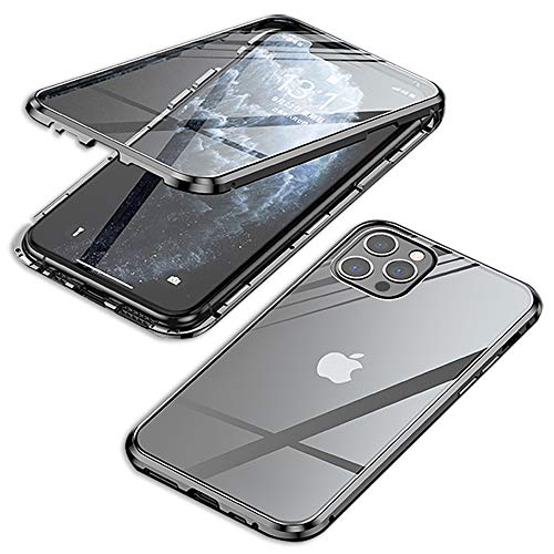 YSAN 両面ガラス 360度全面保護 iPhone12ProMax ケース アルミバンパー クリア フルカバー 表裏磁石 両面 耐衝撃 マグネット式 薄型 ワイヤレス Qi充電対応 (iPhone12ProMax(6.7インチ), ブラック)