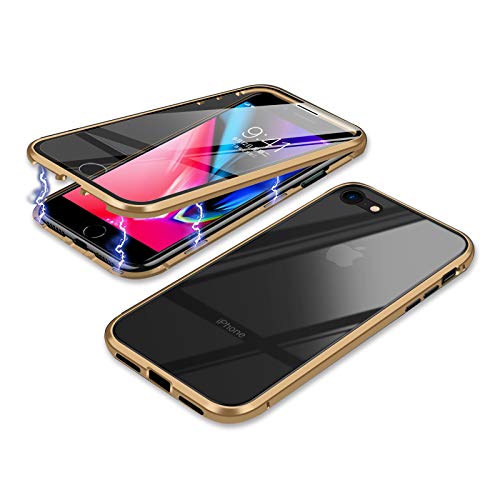 YSAN iPhone7 iPhone8 ケース iPhoneSE2 iPhoneSE3 アルミバンパー 両面ガラス 360度全面保護 クリアフルカバー 表裏磁石 耐衝撃 マグネット式 人気 薄型 Qi充電対応 (iphone7/iphone8, ゴールド)