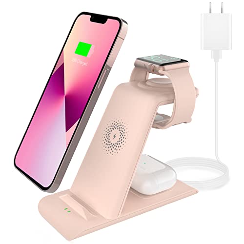 HATALKIN 3in1 ワイヤレス充電器 Compatible with iPhone 13/12/11/Pro Max Apple Watch 充電器 AirPods Galaxy 各種対応 Qi認証 アップルウォッチ 充電器 スタンド アップル 急速 置くだけ Apple Watch 7 充電器 アダプター付き（ピンク）