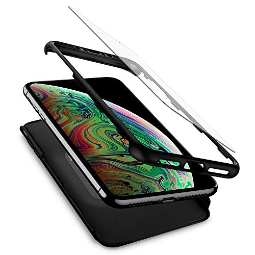 【Spigen】 [ガラス+ケースセット] iPhone XS Max ケース iPhone 360度保護 レンズ保護 衝撃 吸収 Qi充電 ワイヤレス充電 シン・フィット360 (ブラック)