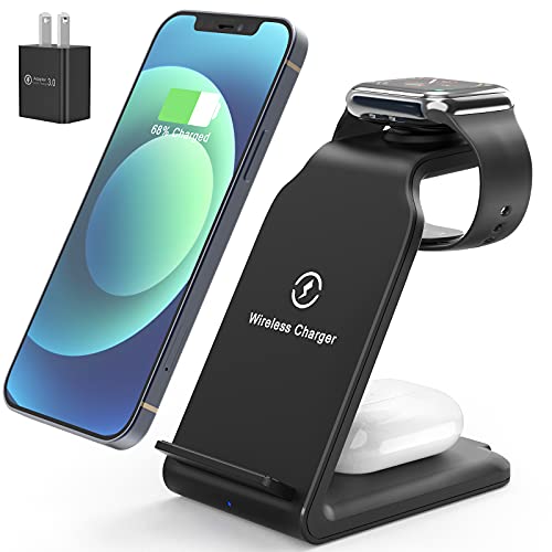Braveby ワイヤレス充電器 3in1充電器 最大15W急速充電 iPhone Apple Watch AirPods 同時急速充電 iPhone 13/12/SE/11/XS/XR/X/8、Apple Watch 7/6/5/4/3、AirPods2/Pro、Galaxy S20、Sony 、Xperia1Ⅱ各種対応 置くだけ充電 アダプター&足元ライト付属 ブラック