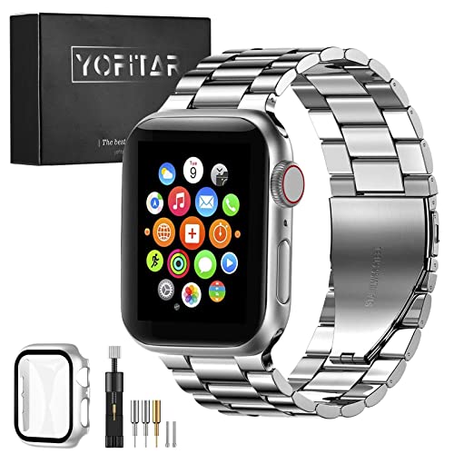 【2021改良モデル】YOFITAR Apple Watch バンド 保護ケース付き ステンレス製 44mm アップルウォッチ 交換ベルト Apple Watch 6/SE/5/4対応 iWatch バンド Apple Watchアクセサリ 長さ調整器具付き（シルバー）
