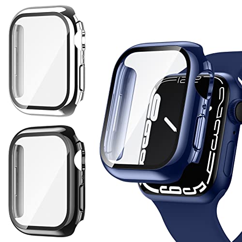 【3枚セット】Zebaco コンパチブル Apple Watch ケース 45mm Series7 3枚入り アップルウォッチカバー ガラスフィルム 耐衝撃 Apple Watch 7 ケース 専用保護 ブラック シルバー ブルー