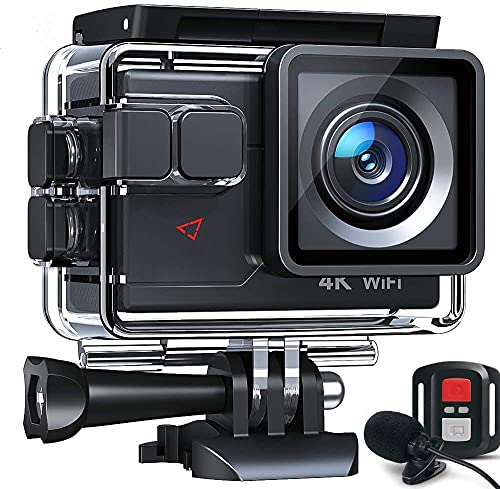 アクションカメラ 4Kアクションカメラ20MP水中防水カメラ（EIS、外部マイク、リモコン、スローモーション、タイムラプス,アクセサリ付き170°広角スポーツカム、2つのバッテリー付き）