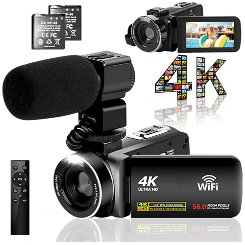 ビデオカメラ 4K YouTubeカメラ5600万画素 WIFI機能 18倍デジタルズーム 外付けマイク 3インチタッチモニター HDMI出力IRナイトビジョン機能vloggingカメラ日本語システム+説明書（ベシックセット）360°ワイヤレスリモコン予備バッテリー