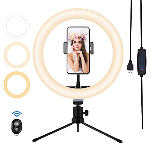 CASSORY Ledリングライト三脚付きセルフリングライト、3つのカラーモード、10ステージ調光可能、Vlog、Tiktok、Selfie、メイクアップ、ライブストリーミング、ビデオおよび写真撮影用のビューティーリングライト10インチiPhoneとAndroidの両方と互換性