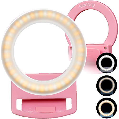 RINGOOD 【日本企画】 自撮り用 LED リングライト セルフィーライト ワイドクリップ式 撮影用 補助 照明 3色×3段階 調光 USB充電式 （ピンク）