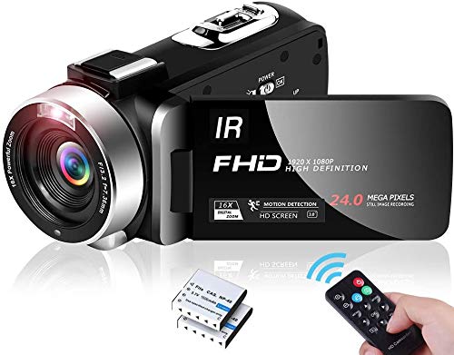 ビデオカメラ 1080P カムコーダー デジタルカメラ デジカメ フルHD 30FPS 24.0 MP リモコン 赤外線ナイトビジョン 夜間撮影 低速度撮影 動作探知 ポータブル 小型3.0インチIPS画面LCDビデオブログ 270°回転リモコン付き
