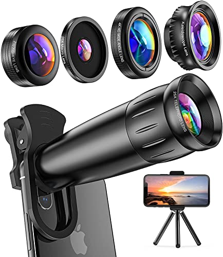 LIERONT スマホ用カメラレンズ iPhone、Samsung、 Xperia 対応、25X 望遠レンズ、4K HD 0.65 x広角レンズと 25X マクロレンズ（一つにねじり合わせ）、210°魚眼レンズ、万華鏡レンズ、金属三脚 (Android 多機種対応)