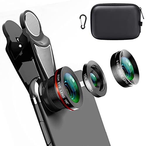KINGMAS スマートフォン用カメラレンズ 3 in1ユニバーサル198°魚眼レンズ+ 0.63X広角レンズ+ iPad iPhone Samsung Androidおよびほとんどのスマートフォン用の15Xマクロクリップカメラレンズキット（ブラック3-in-1（アップグレード））