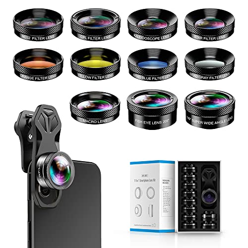 Apexel 11in1スマホ用撮影セット スマホ用カメラレンズ 広角レンズ+魚眼レンズ+マクロレンズ+CPL/フロー/万華鏡/星形レンズ+カラーレンズ iPhone Android タブレットなど多機種対応
