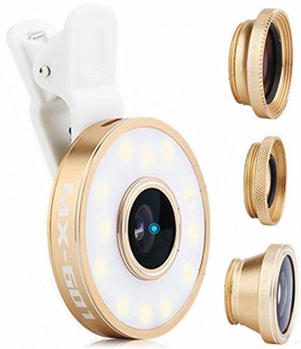 スマホリングライト+ スマホ カメラレンズ3点 セット（ゴールド）（0.65X 広角レンズ 、10X マクロレンズ 、180° 魚眼レンズ) USB充電タイプ