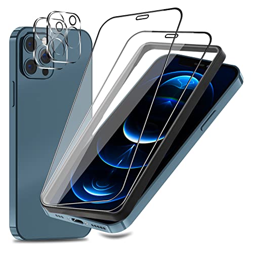 【 2 + 2枚セット】ガラスフィルムiPhone12 Pro Max 用 iPhone 12 Pro Max (6.7)インチ カメラレンズフィルム，全面保護 フィルム フルカバー ガイド枠付き 貼り付け簡単/高い光透過率/硬度9H/気泡防止/指紋防止/iPhone 12Pro Max 液晶強化ガラス