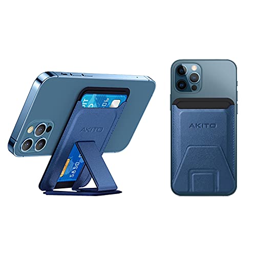 AKITO マグネットスマホスタンド iPhone 12シリーズ専用 MagSafe／MagSafe専用スマホケースに対応 カードケース機能 フロートタイプ角度調節 薄型軽量 折り畳み式 複合材質 (ブルー)