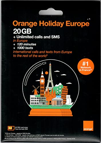 Orange Holiday ヨーロッパ － プリペイドSIMカード ー ４G通信 20GB 120分 SMS 1000通 + SIMカードホルダー、SIM取り出しピン (20GB)