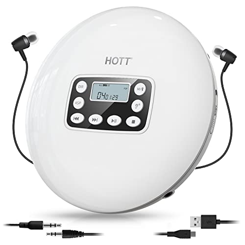 HOTT CD711T ポータブルCDプレーヤー 充電式バッテリー内蔵 Bluetooth搭載 家庭旅行運転中適用ステレオヘッドホン 耐衝撃 ホワイト
