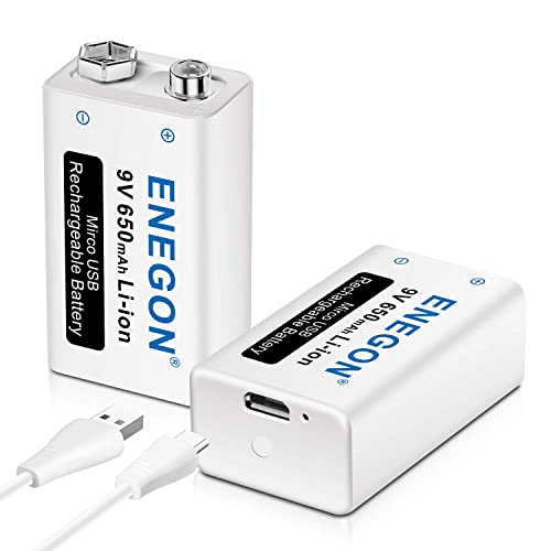 ENEGON 9V 充電式 電池 2個＋2in1 Micro USB充電ケーブル,充電器不要 650mAh 006p電池、USB入力、マイク、煙探知器、電子玩具、おもちゃ、トランシーバーなど対応