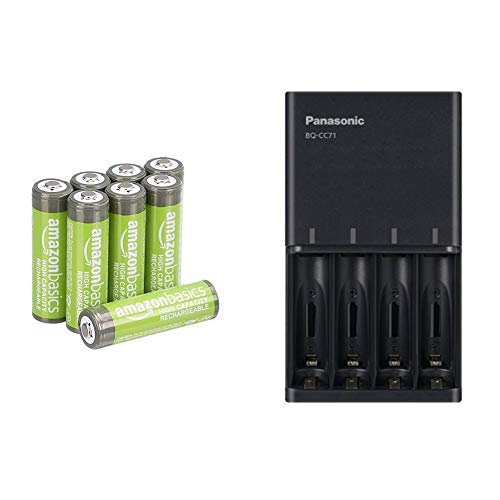 【セット買い】Amazonベーシック 充電池 高容量充電式ニッケル水素電池単3形8個セット (充電済み、最小容量 2400mAh、約500回使用可能) & パナソニック 充電器 単3形・単4形 黒 BQ-CC71AM-K