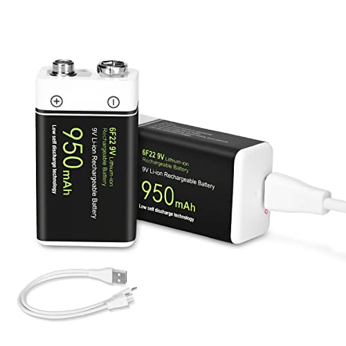 9V電池 充電式 Micro USB充電ポート付き ９V充電池 950mAh大容量 006p エネループ カメラ/時計/おもちゃ/屋内煙探知機に対応（２本電池）