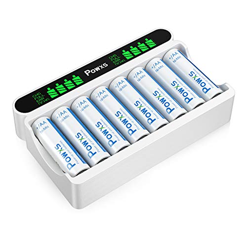 POWXS 電池充電器 急速電池充電器 LCD付き 急速充電器＋単三電池（2000mAH)8本パック 8つスロット で8本同時充電可能 USB& Type-ｃ 充電式電池&電池充電器セット