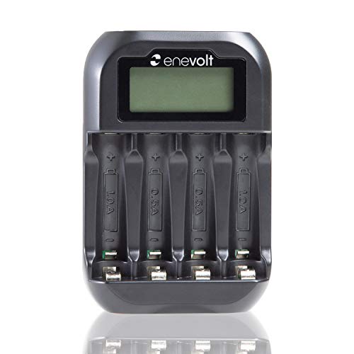enevolt(エネボルト) USB 充電池用充電器 4スロット 残量表示 モニター搭載 コンパクト 充電池 単3 単4 兼用 USB充電器 ニッケル水素 電池 充電 小型 ブラック