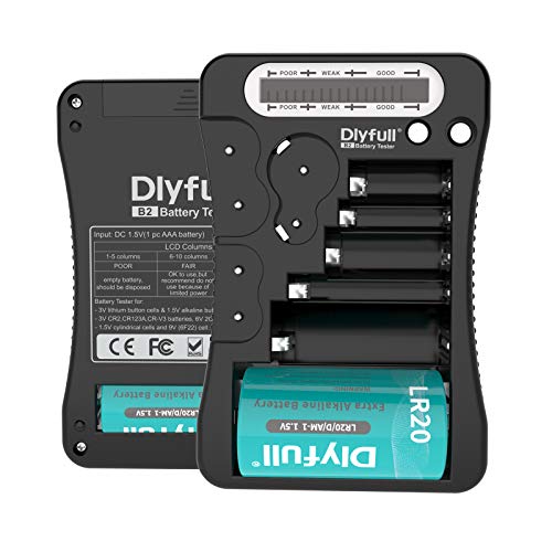 Dlyfull 電池チェッカーバッテリーテスター 単1 単2 単3 単4 単5 9Vに対応 LCDスクリーン付き, ユニバーサルバッテリーチェッカー電池残量チェッカー CR123A CR2 CRV3 2CR5 CRP2 円筒形電池 1.5V/3Vボタン電池に対応 - 乾電池残量測定器(ブラック)
