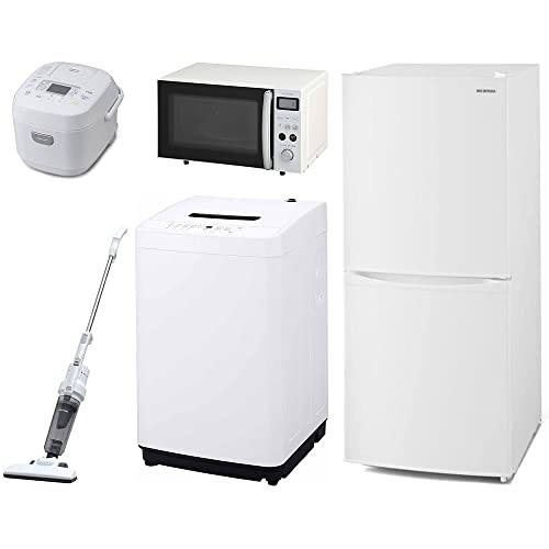 【新生活家電5点セット】アイリスオーヤマ 洗濯機 5kg + 冷蔵庫 142L + オーブンレンジ 15L + 炊飯器 3合 + 掃除機 ホワイト
