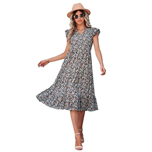 女性の夏の花柄ドレス、Vネック半袖フリル裾ドレス (Color : Dress 1, Size : S)