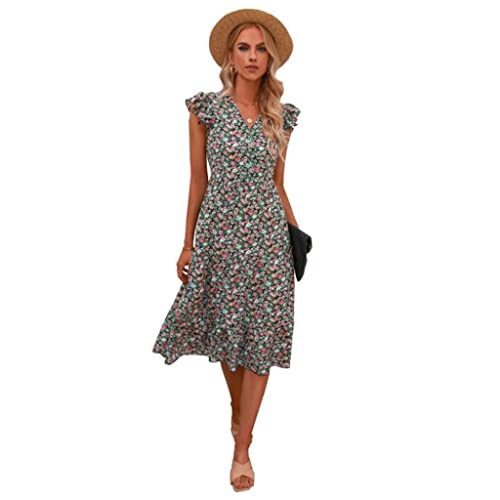 女性の夏の花柄ドレス、Vネック半袖フリル裾ドレス (Color : Dress 4, Size : M)
