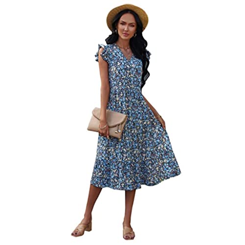 女性の夏の花柄ドレス、Vネック半袖フリル裾ドレス (Color : Dress 5, Size : XL)