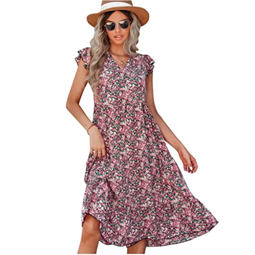 女性の夏の花柄ドレス、Vネック半袖フリル裾ドレス (Color : Dress 2, Size : XL)
