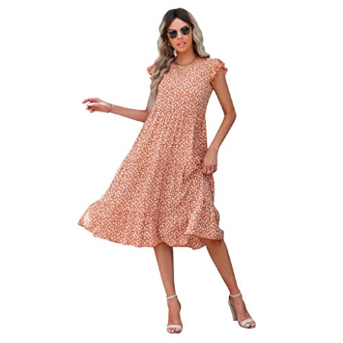 女性の夏の花柄ドレス、Vネック半袖フリル裾ドレス (Color : Dress 3, Size : XL)