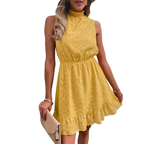 シフォンレースジャカードドレス、 女性のサマードレス (Color : Yellow, Size : S)