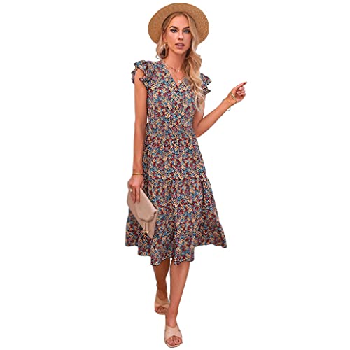 女性の夏の花柄ドレス、Vネック半袖フリル裾ドレス (Color : Dress 6, Size : S)