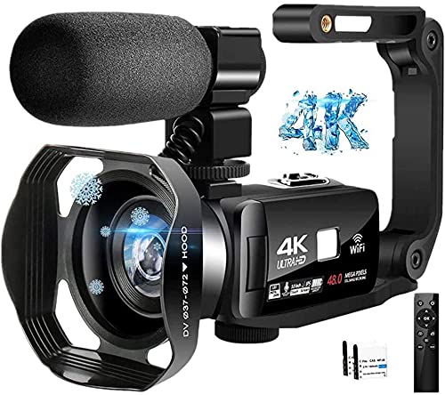 ビデオカメラ4K YouTubeカメラWi-Fi機能デジタルビデオカメラ 48MP 18倍デジタルズーム 手持ちスタビライザー 外付けマイク 360°遠隔操作 IR夜視機能 予備バッテリー タッチモニター ウェブカメラ用 タイムラプス撮影 安定ハンドルグリップ 日本語システム+説明書